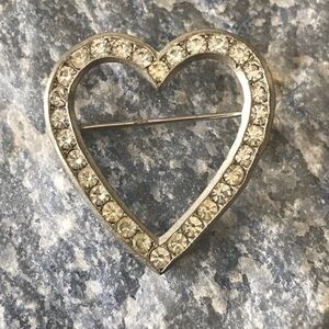 Vintage Zinc Heart Brooch with Clear Stones